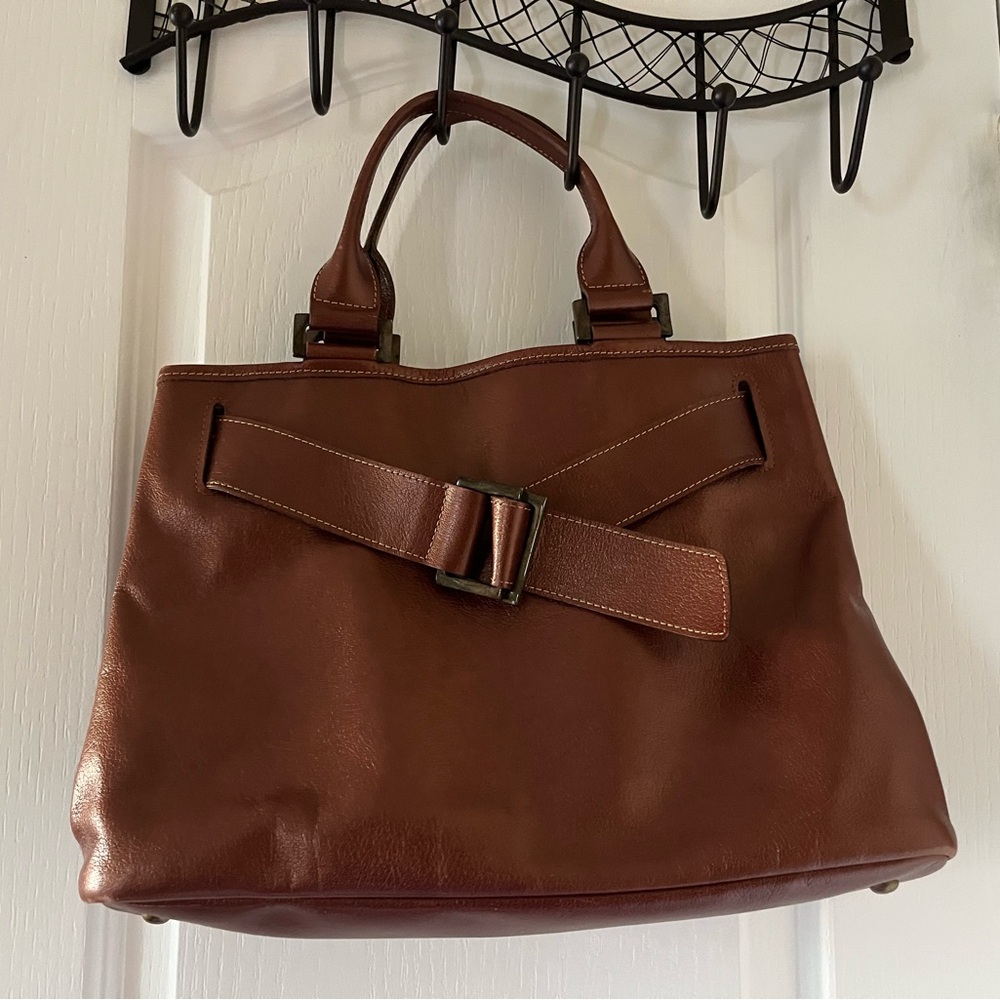 Long champ Brown Leather Handbag with Buckle Detail